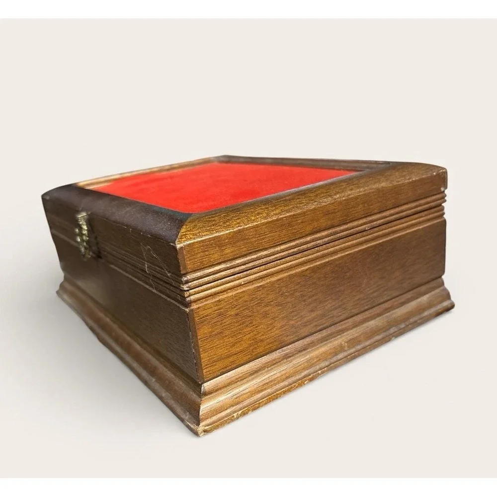 MCM Red Velvet Wood Jewelry Box w/ Contents – Mid Century Modern vintage